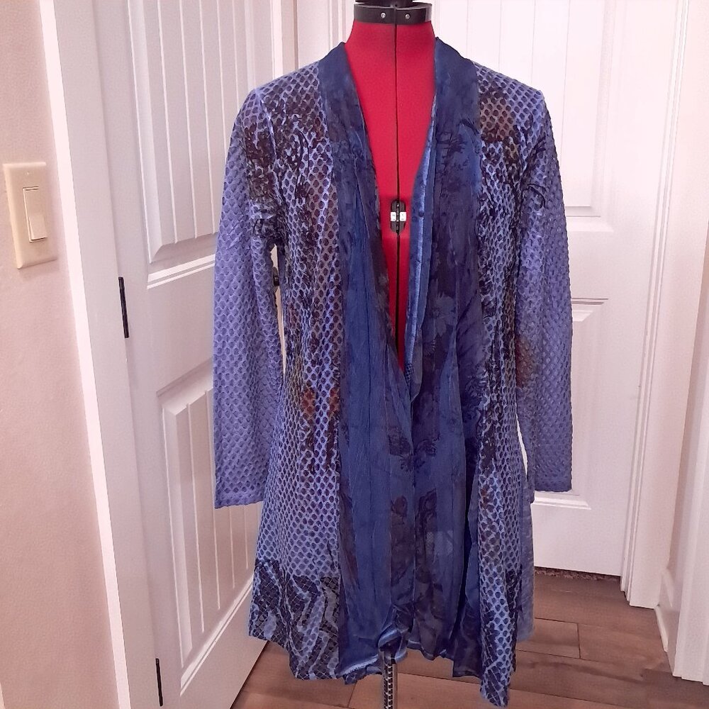Aris.‎ A sz M Medium Burnout Sheer Cardigan Top Blue Crinkle coastal art to wear